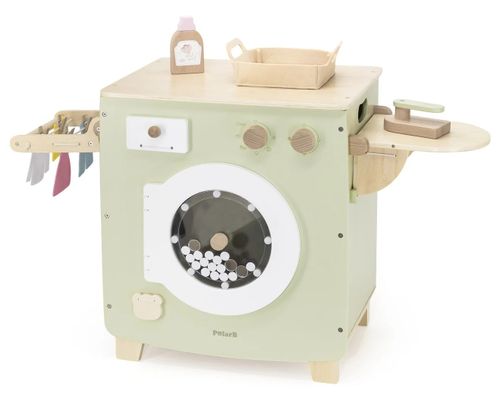 מכונת כביסה מעץ עם תוף ניתן לסיבוב ואביזרי משחק