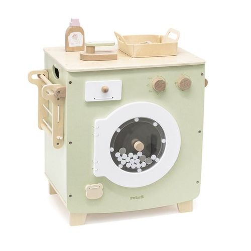 מכונת כביסה מעץ עם תוף ניתן לסיבוב ואביזרי משחק