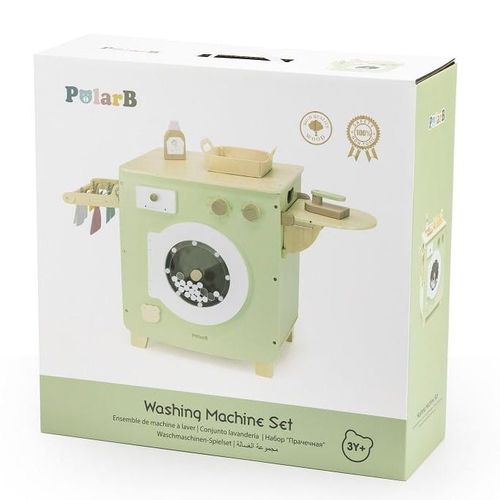 מכונת כביסה מעץ עם תוף ניתן לסיבוב ואביזרי משחק