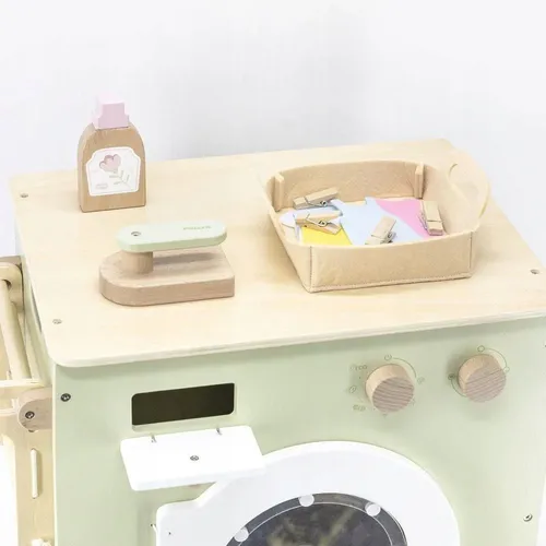 מכונת כביסה מעץ עם תוף ניתן לסיבוב ואביזרי משחק