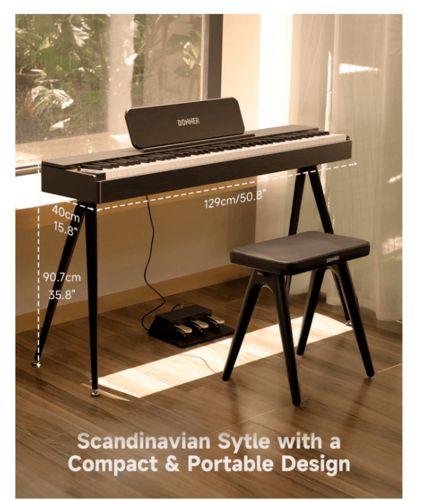 פסנתר חשמלי EC7134 רהיט 88 קלידים שקולים ושלישיית פדלים OURA S100 בצבע שחור מבית DONNER