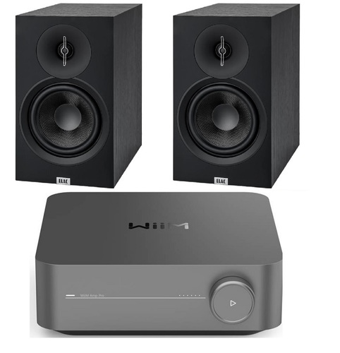 מגבר סטריאו משולב נגן רשת WIIM AMP + זוג רמקולים מדפיים מבית ELAC דגם DB53