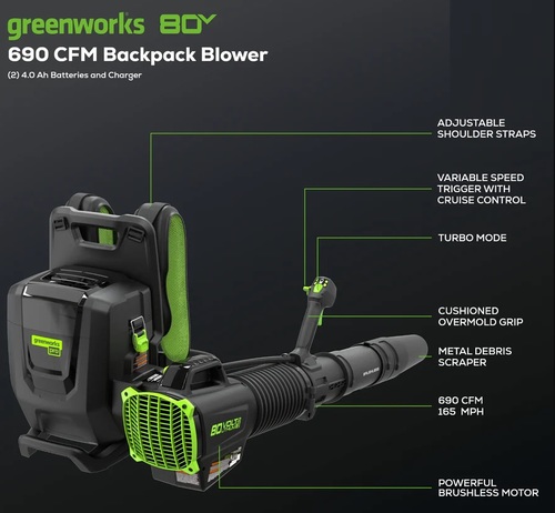 מפוח עלים נישא GREENWORKS 80V PRO דגם 99569 עם תא סוללות כפול ושקע להפעלת כלים נוספים