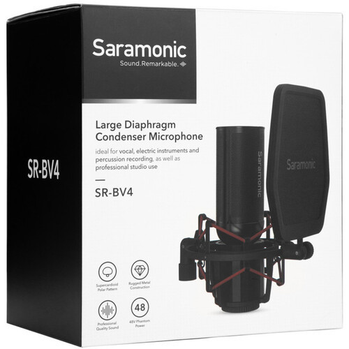 מיקרופון קונדנסר Saramonic SR-BV4 Supercardioid בעל דיאפרגמה גדולה כולל Shockmount ו-Pop Filter