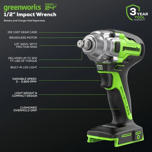 מפתח רטיטה נטען GREENWORKS 24V דגם 3806902 עם מנוע Brushless, 3 דרגות מומנט ותפסנית 