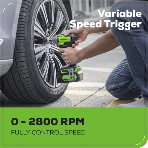 מפתח רטיטה נטען GREENWORKS 24V דגם 3806902 עם מנוע Brushless, 3 דרגות מומנט ותפסנית 