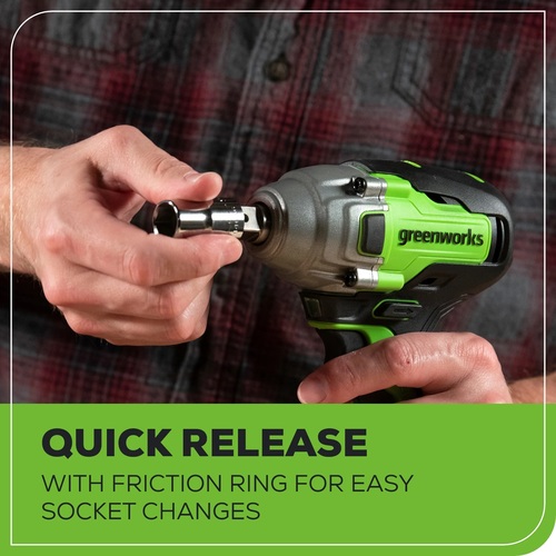 מפתח רטיטה נטען GREENWORKS 24V דגם 3806902 עם מנוע Brushless, 3 דרגות מומנט ותפסנית 