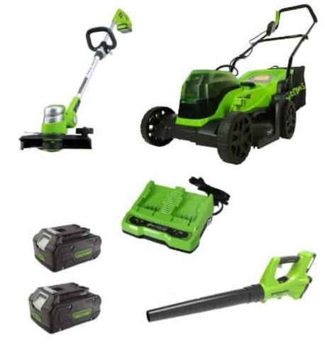 דיל HOMEY GREENWORKS - סט מכסחת דשא 48V, חרמש קנטים Deluxe ומפוח עלים עם סוללות ומטען כפול לגינה מושלמת