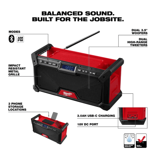 רדיו אתר עבודה M18™ בלוטוס Bluetooth דגם 2952-20 מילווקי Milwaukee -
