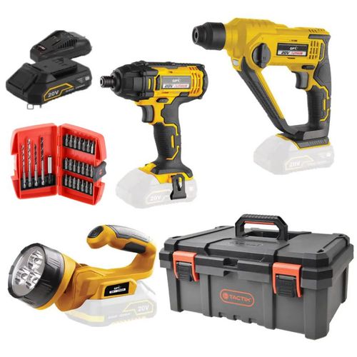 סט פטישון + אימפקט 20V + פנס נטען + ארגז כלים + סוללה 2A ומטען 20V + מתנה