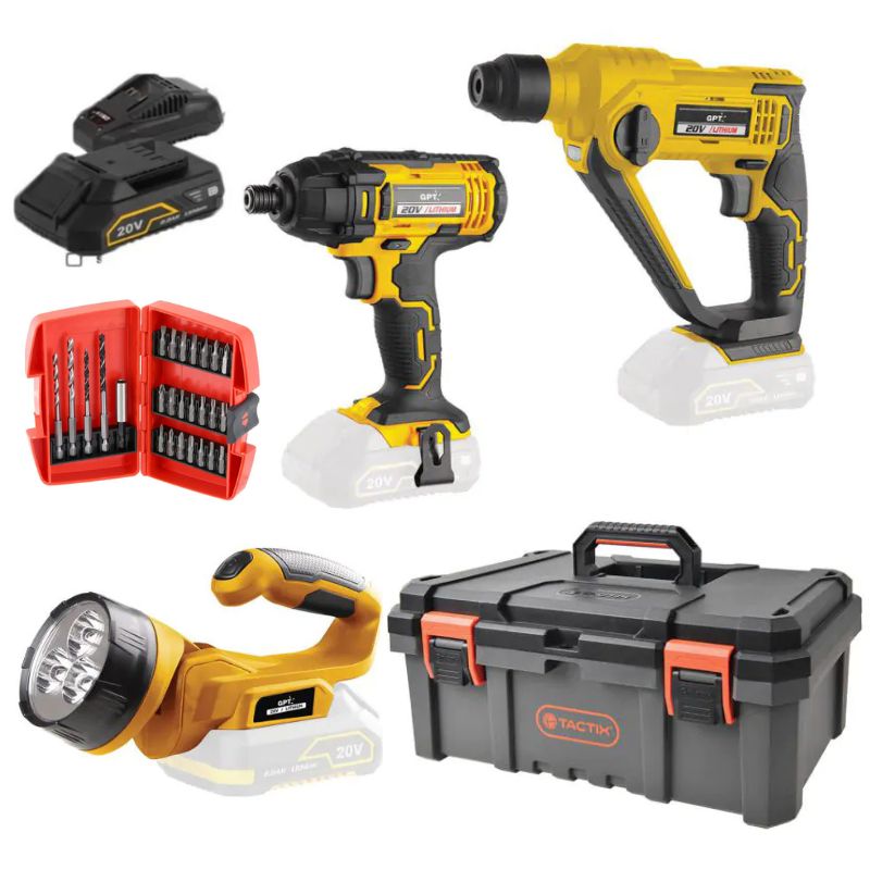 סט פטישון + אימפקט 20V + פנס נטען + ארגז כלים + סוללה 2A ומטען 20V + מתנה