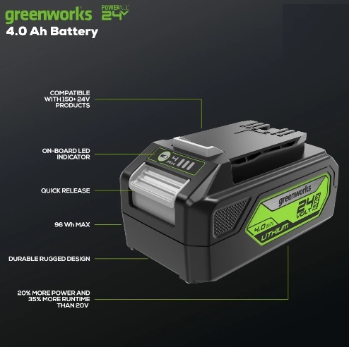 סוללת ליתיום GREENWORKS 24V 4.0Ah דגם 99583 עם תאי Panasonic ומחוון טעינה דיגיטלי