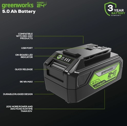 סוללת ליתיום GREENWORKS 24V 5.0Ah דגם 99588-1 עם יציאת USB ומחוון טעינה דיגיטלי