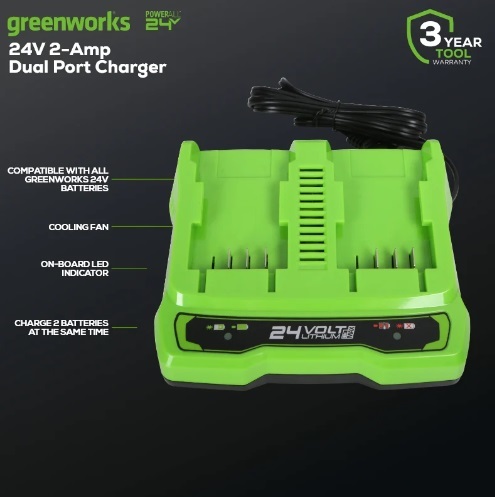 מטען מהיר כפול GREENWORKS 24V דגם 99594 עם שני תאי טעינה לסוללות - חיסכון משמעותי בזמן הטענה