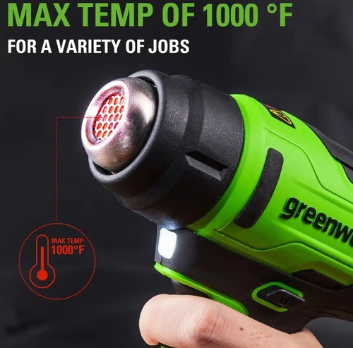 אקדח חום נטען GREENWORKS 24V דגם 99630-1 עם סוללת 2 אמפר ומטען, מגיע ל-500 מעלות תוך 9 שניות