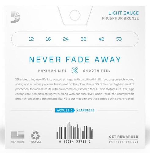 זוית נוספת D'Addario 12-53 Light Coated Acoustic Guitar Strings