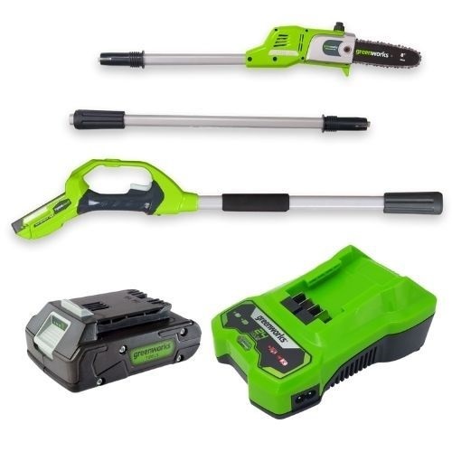 מסור גבהים נטען GREENWORKS 24V דגם 99702-4 עם מוט טלסקופי 2.62 מטר, להב OREGON 20 ס