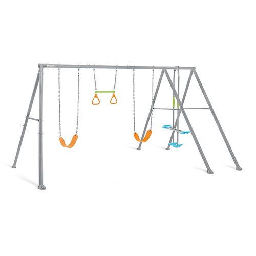 מתקן חצר ממתכת ל 5 לילדים עם 3 נדנדות ומתקן טבעות - אפור