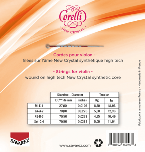 סט מיתרים לכינור - מיתר 1 לולאה ללא כדורית CORELLI 700F NEW CRYSTAL violin high tension