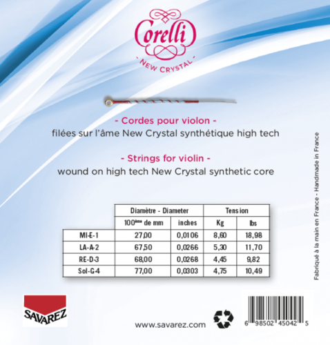סט מיתרים לכינור - מיתר 1 לולאה ללא כדורית CORELLI 700M NEW CRYSTAL violin medium