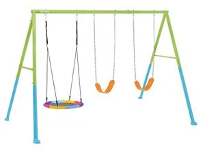 מתקן חצר ממתכת עם 2 נדנדות קלאסיות ונדנדת קן ציפור - צבעוני