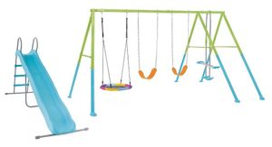 מתקן חצר ממתכת משולב עם 2 נדנדות קלאסיות, נדנדת קן ציפור ומגלשה - צבעוני