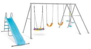 מתקן חצר ממתכת משולב עם 2 נדנדות קלאסיות, נדנדת קן ציפור ומגלשה - אפור