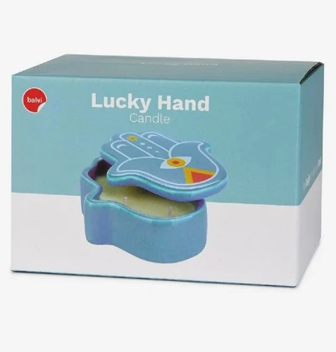 נר בקופסת קרמיקה חמסה צבעונית Lucky Hand – כחול