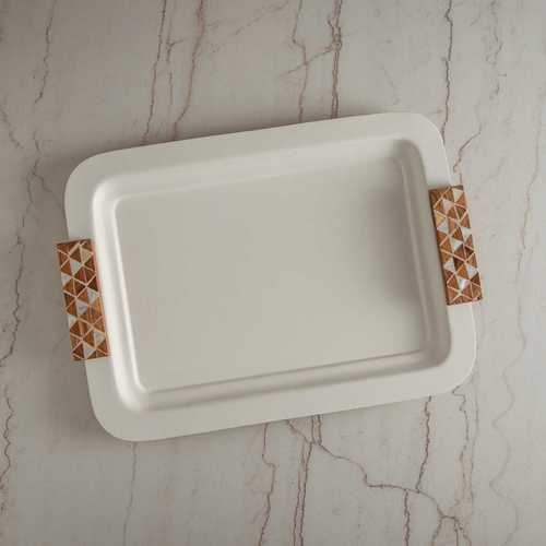 סט 3 מגשים מלבני מתכת עם ידיות עץ לבן 