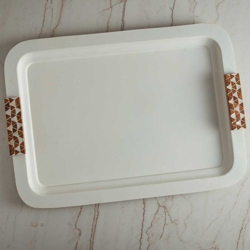 סט 3 מגשים מלבני מתכת עם ידיות עץ לבן 