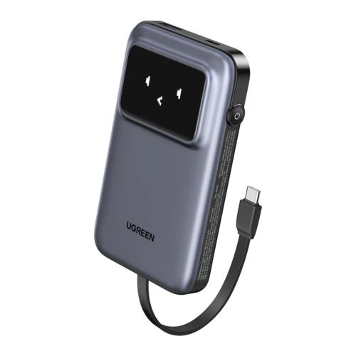 מטען נייד Uno 10000mAh עם כבל מובנה USB-C וטעינה מהירה 30W אפור