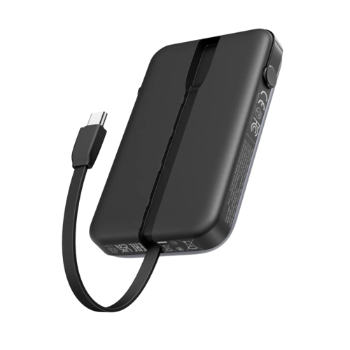 מטען נייד Uno 10000mAh עם כבל מובנה USB-C וטעינה מהירה 30W אפור