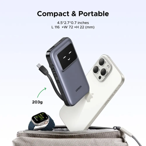 מטען נייד Uno 10000mAh עם כבל מובנה USB-C וטעינה מהירה 30W אפור