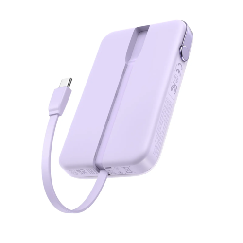 מטען נייד Uno 10000mAh עם כבל מובנה USB-C וטעינה מהירה 30W סגול