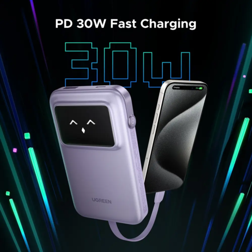 מטען נייד Uno 10000mAh עם כבל מובנה USB-C וטעינה מהירה 30W סגול