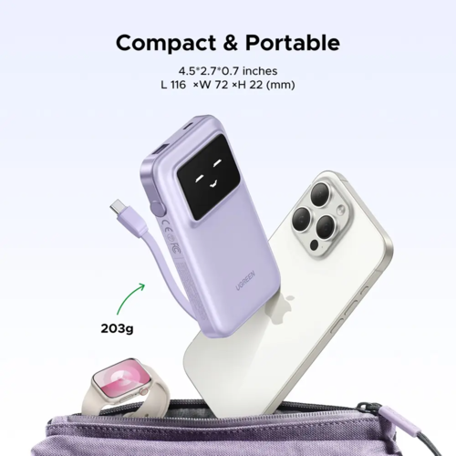 מטען נייד Uno 10000mAh עם כבל מובנה USB-C וטעינה מהירה 30W סגול