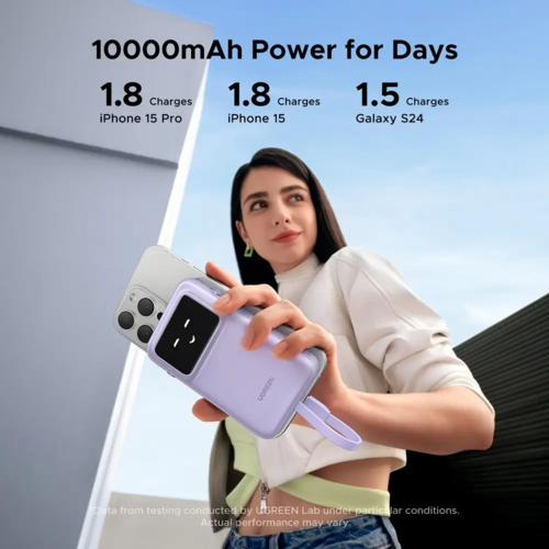 מטען נייד Uno 10000mAh עם כבל מובנה USB-C וטעינה מהירה 30W סגול