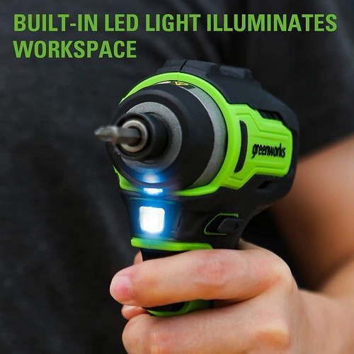 מברגת אימפקט נטענת GREENWORKS 24V בראשלס דגם 99771-1 עם מומנט 300Nm, שתי סוללות 4 אמפר, מטען כפול ותיק נשיאה