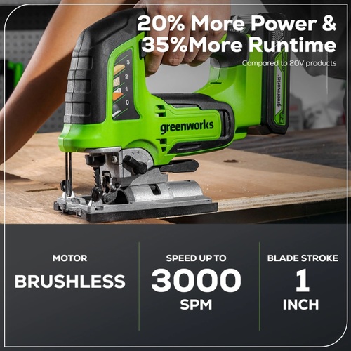 מסור אנכי נטען GREENWORKS 24V בראשלס דגם 99776-3 עם פנדל 3 מצבים, סוללת 4 אמפר, מטען מהיר ולהבים לעץ ומתכת לחיתוך מדויק עד 100 מ