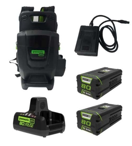 יחידת כח נישאת GREENWORKS 80V PRO דגם 99781 עם שתי סוללות 5.0Ah, מטען מהיר כפול וכבל מתאם לעבודה מקצועית ממושכת