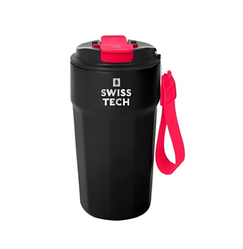 בקבוק שתייה תרמי SwissTech ST075036 שחור עם פיית ספורט, דופן כפולה ואקום, ציפוי נחושת פנימי ורצועת נשיאה מובנית