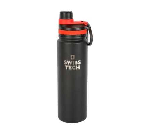 בקבוק שתייה תרמי SwissTech ST075037 שחור עם ידית נשיאה, דופן ואקום כפולה ופלדת אל-חלד 304