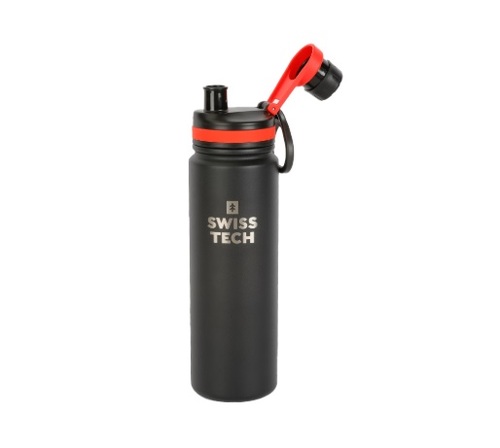 בקבוק שתייה תרמי SwissTech ST075037 שחור עם ידית נשיאה, דופן ואקום כפולה ופלדת אל-חלד 304