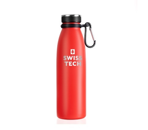 בקבוק שתייה תרמי SwissTech ST075049 אדום עם טבעת D מתכתית, דופן ואקום כפולה ופלדת אל-חלד 304