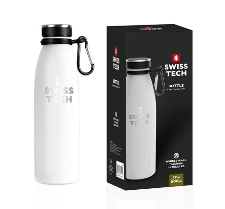 בקבוק שתייה תרמי SwissTech ST075050 לבן עם דופן ואקום כפולה, ציפוי נחושת פנימי וטבעת נשיאה מתכתית