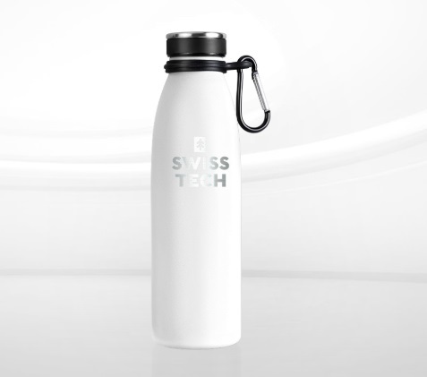 בקבוק שתייה תרמי SwissTech ST075050 לבן עם דופן ואקום כפולה, ציפוי נחושת פנימי וטבעת נשיאה מתכתית