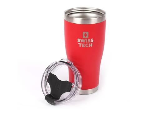 כוס שתייה תרמית SwissTech ST077004 אדומה עם פיית שתייה מוארכת, דופן ואקום כפולה ופלדת אל-חלד 18/8