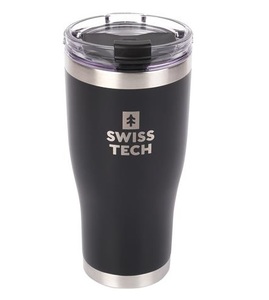 כוס שתייה תרמית SwissTech ST077005 שחורה עם מכסה חדשני, דופן כפולה ופלדת אל-חלד 18/8