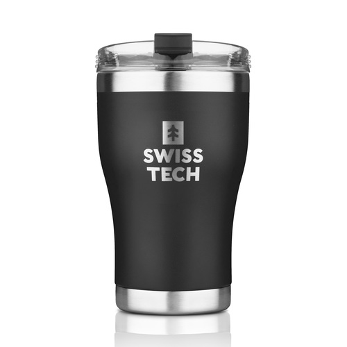 מאג קפה תרמי SwissTech ST077109 שחור עם פיית שתייה מוארכת, דופן ואקום כפולה ופלדת אל-חלד 18/8