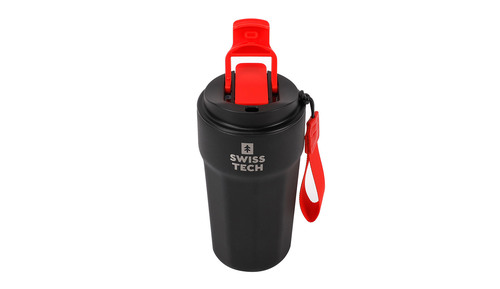 בקבוק שתייה תרמי SwissTech ST075036 שחור עם פיית ספורט, דופן כפולה ואקום, ציפוי נחושת פנימי ורצועת נשיאה מובנית